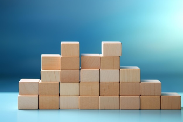 Concept de croissance d'entreprise Stack de cubes de bois sur fond bleu avec espace de copie