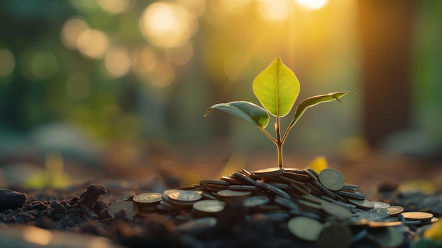 Concept de croissance financière Plante poussant d'une pile de pièces symbolisant la prospérité dans les affaires