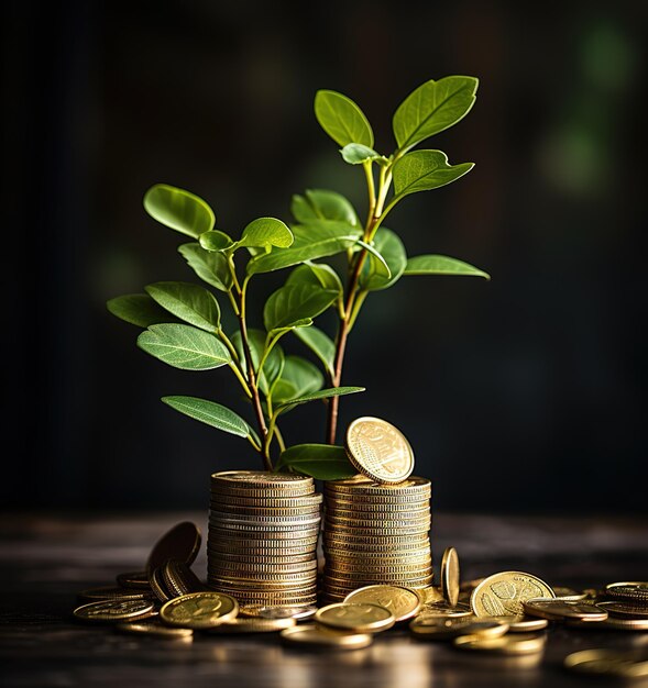 Concept de croissance financière plante prospère parmi les jarres avec des pièces d'or