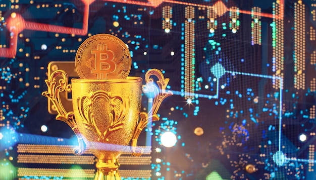 Concept de crypto-monnaie Bitcoin doré sur la carte mère d'arrière-plan de la coupe des gagnants L'avenir de l'équipement informatique