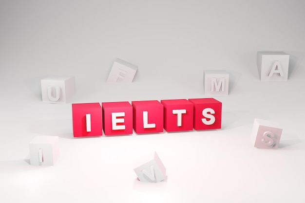 Concept de cube d'examen IELTS, préparation au test IELTS