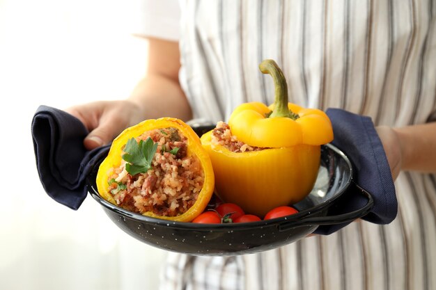 Concept de cuisine au poivre farci sur fond de tulle