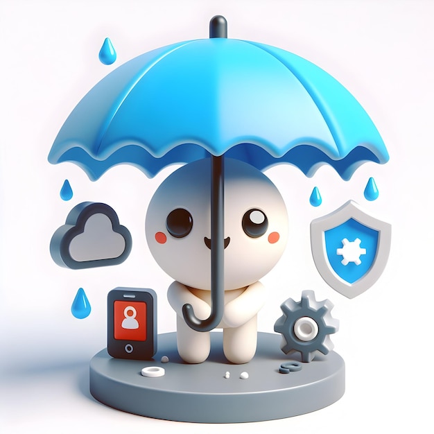 Le concept de Cyber Umbrella comme protection contre une tempête de données avec un fond blanc et un chibi mignon isolé