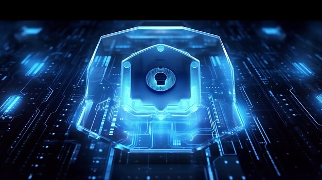 Concept de cybersécurité Bouclier avec icône de trou de clé sur fond de données numériques Illustre l'idée de sécurité des données cybernétiques ou de confidentialité de l'information Abstrait bleu technologie Internet à haute vitesse Ai Génératif
