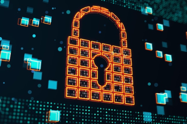 Concept de cybersécurité et de confidentialité des informations personnelles avec cadenas fermé orange brillant numérique sur fond technologique sombre avec symboles de pixels bleus rendu 3D