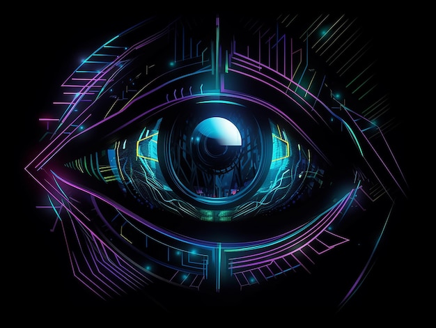 Concept de cybersécurité du scanner oculaire Illustration de style néon sensation futuriste et technologique AI générative