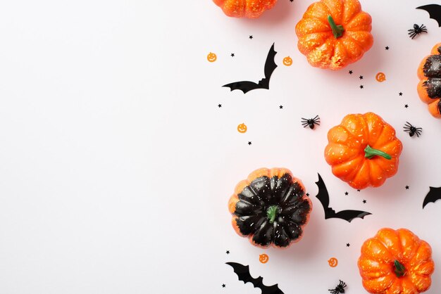 Concept de décor de fête d'Halloween Photo vue de dessus de petites silhouettes de chauve-souris citrouilles araignées et confettis sur fond blanc isolé avec espace vide