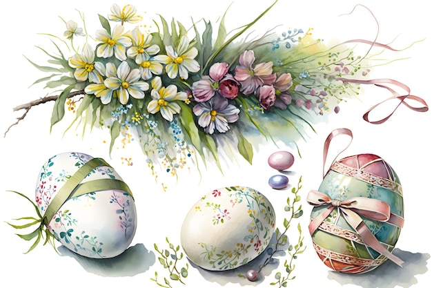 Concept de décoration de Pâques Aquarelle florale sur fond blanc Contenu AI génératif
