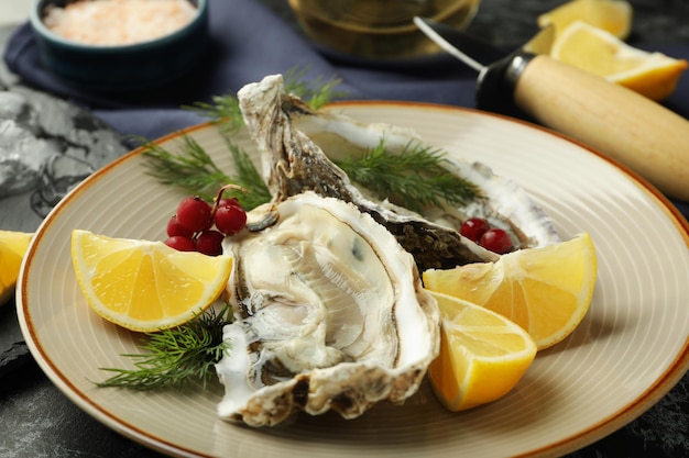 Concept de délicieux huîtres de fruits de mer en gros plan