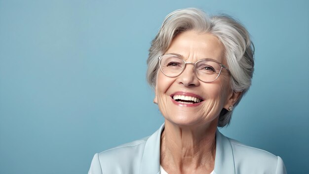 Concept de dentisterie Le sourire blanc de neige d'une femme âgée en gros plan Concept de prothèses dentaires