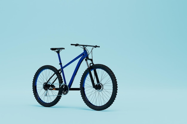 Le concept de déplacement sur un vélo vélo avec un cadre bleu sur fond bleu rendu 3D