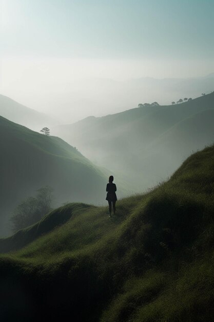 Photo concept de dépression et d'anxiété silhouette de femme au sommet d'une colline brumeuse focus doux