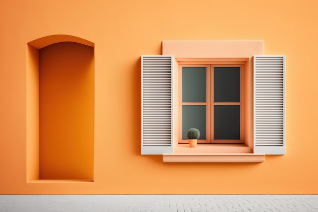 Concept de design architectural avec une fenêtre et des volets blancs sur fond orange pastel dans la cour et un mur extérieur en plâtre