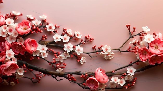 Concept de design d'arrière-plan du nouvel an lunaire chinois avec fleur de prunier blanc, espace de texte vierge d'un côté