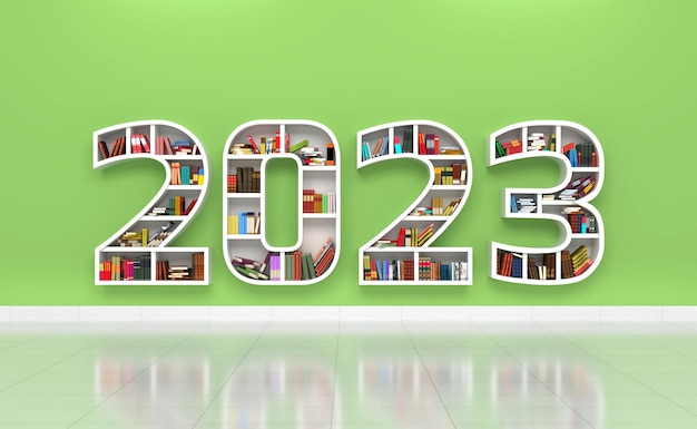 Photo concept de design créatif du nouvel an 2023 avec étagère de livres - image de rendu 3d