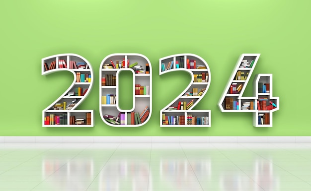 Photo concept de design créatif du nouvel an 2024 avec étagère de livre image rendue en 3d