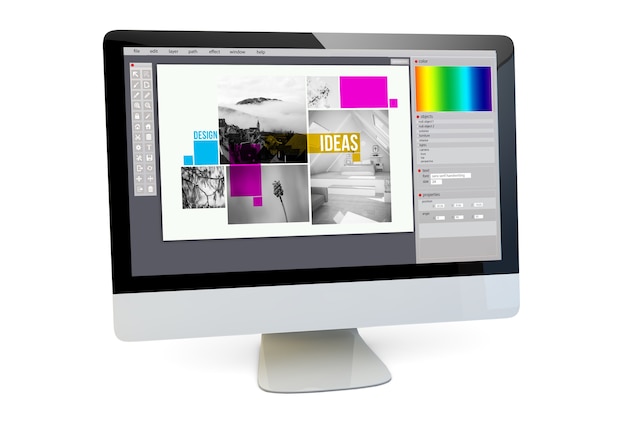 Concept de design graphique. rendu d'un ordinateur avec un logiciel de mise en page sur l'écran isolé. Rendu 3D