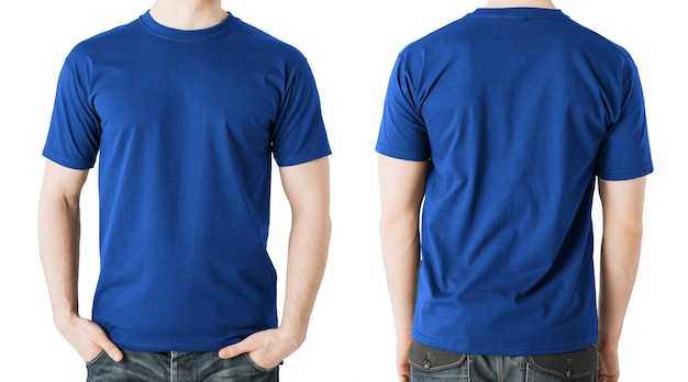 concept de design de vêtements - homme en t-shirt bleu vierge, vue avant et arrière