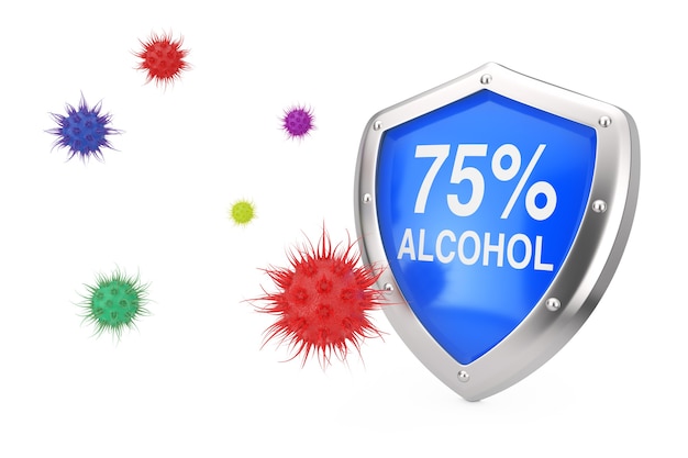 Photo concept de désinfection antivirale. bouclier désinfectant à l'alcool à 75 % protégé contre les virus ou les bactéries sur fond blanc. rendu 3d