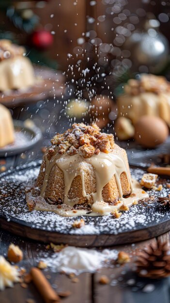 Photo concept de dessert festif de vacances mini gâteaux bundt faits maison avec sauce caramélisée et poudre saupoudrée