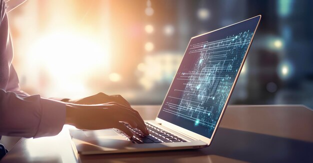 Concept de développement logiciel Programmeur de codage ingénieur logiciel travaillant sur un ordinateur portable coucher de soleil généré par l'IA