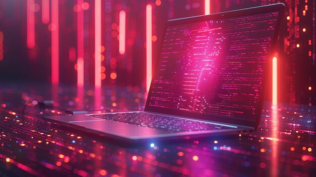 Concept de développement de logiciels Technologie informatique Arrière-plan isométrique avec script sur écran Laptop suspendu au-dessus de la table avec code sur écran Rendering 3D