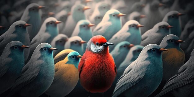 Photo concept de différence montrant par un oiseau extraordinaire qui se démarque de la foule