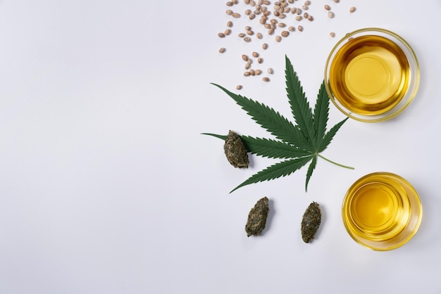 Concept de distillation de cannabis montrant des graines et des feuilles de chanvre à l'huile de CBD Mise à plat