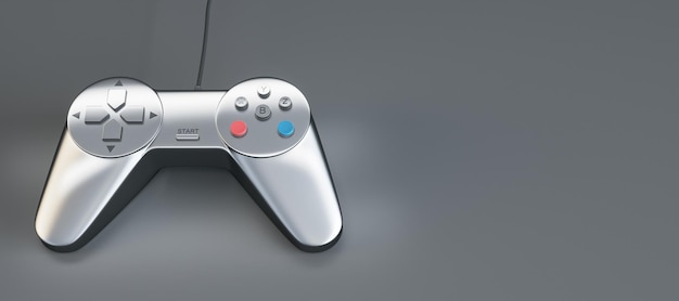 Concept de divertissement avec joystick de jeu argenté moderne sur fond gris avec espace vide pour votre maquette de rendu 3D de logo