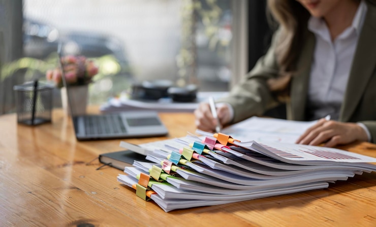 Photo concept de documents commerciaux femme d'affaires travaillant dans des piles de fichiers papier pour rechercher et vérifier des documents inachevés réalisés sur des dossiers papersx9