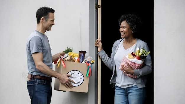 Photo concept de don: le bénévole donne une boîte de don au bénéficiaire debout contre le mur.