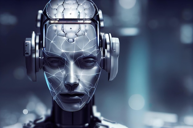 Concept de données volumineuses et d'intelligence artificielle Concept d'apprentissage automatique et de domination de l'esprit cybernétique Robot cyborg Illustration 3D