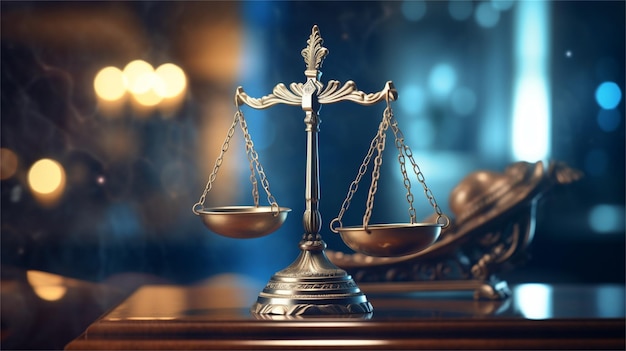 Concept de droit et de justice Balance de justice sur table en bois