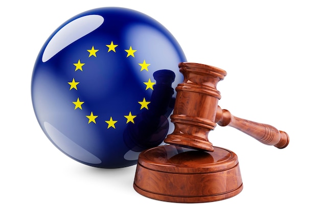 Le concept de droit et de justice de l'Union européenne Marteau en bois avec drapeau de l'UE rendu 3D
