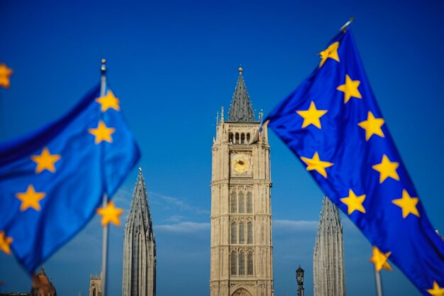 Photo concept du brexit avec le drapeau de l'union européenne juxtaposé à la tour victoria de westminster à londres