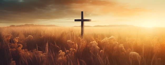 Le concept du jour de l'Ascension La croix sur le prairie Arrière-plan du lever du soleil d'automne