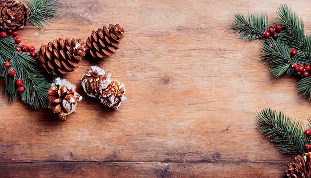 Concept du jour de Noël vue de haut en bas Conception de bordure de Noël avec décoration fond en bois Baies de houx et neige sur un fond en bois