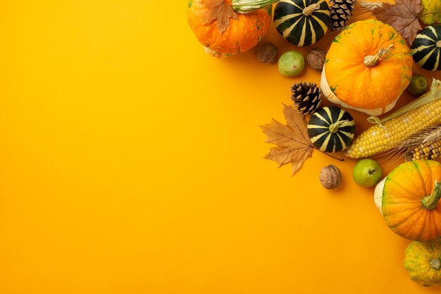 Concept du jour de Thanksgiving Photo vue de dessus de feuilles d'érable légumes crus citrouilles pattypans maïs poire noix blé et pommes de pin sur fond orange isolé avec fond