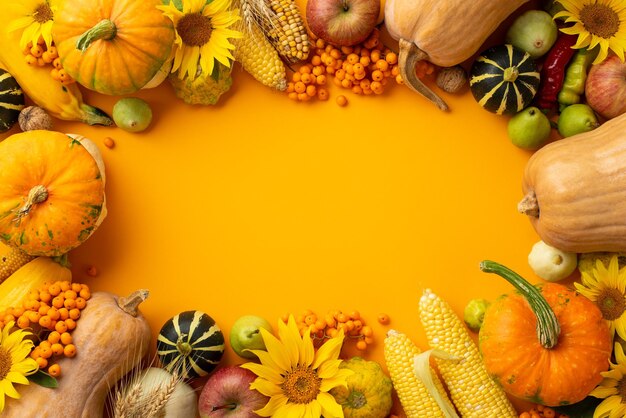 Concept du jour de Thanksgiving Photo vue de dessus de légumes citrouilles courgettes maïs pattypans pommes poires poivrons gourdes tournesols noix rowan sur fond orange isolé avec un espace vide au milieu