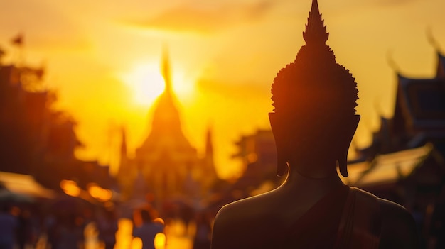 Concept du jour de Vesak Silhouette de Bouddha avec une attraction touristique de voyage floue en Thaïlande Asie sur fond de coucher de soleil du temple doré