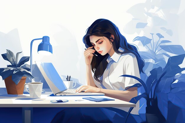 Concept du lundi bleu Jeune femme dirigeante pendant le télétravail en raison de l'épuisement