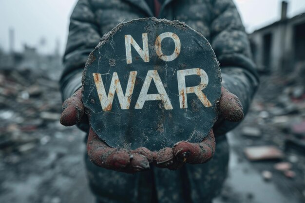 Concept du monde Les mots pas de guerre sur une table ronde dans les mains d'un homme