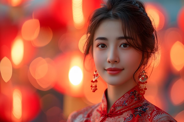 Photo le concept du nouvel an chinois les jeunes femmes chinoises portent le costume national rouge