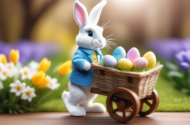 Photo le concept du symbole du lapin de pâques un mignon lapin blanc roule un chariot plein d'œufs de pâque et de fleurs