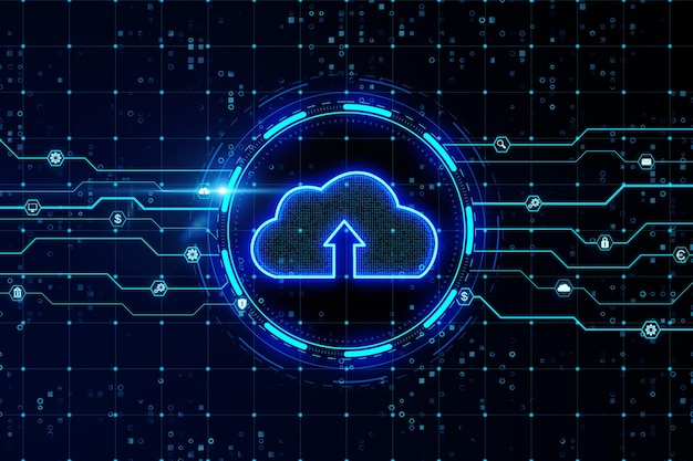 Concept d'échange de données et de cloud computing avec flèche numérique dans le symbole du nuage dans un cercle lumineux sur fond technologique bleu foncé avec rendu 3D du schéma de circuit
