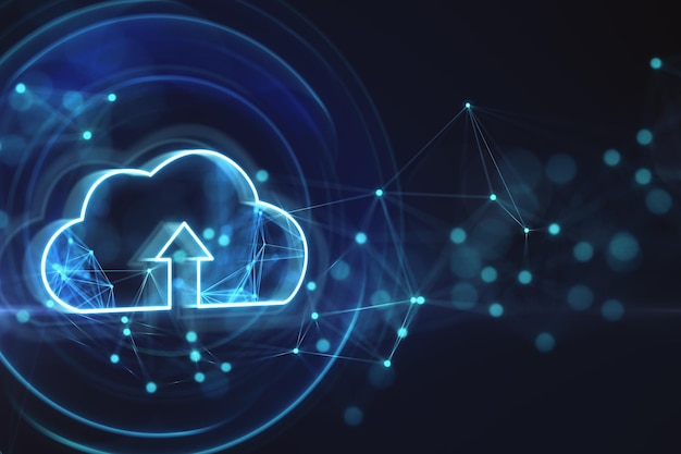 Concept d'échange de données de cloud computing avec symbole de nuage numérique et flèche sur fond sombre avec cercles lumineux lignes géométriques et points flous rendu 3D