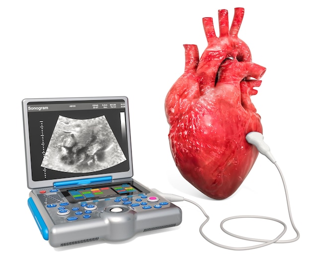 Concept d'échographie cardiaque Coeur humain avec machine de diagnostic par ultrasons médicaux rendu 3D