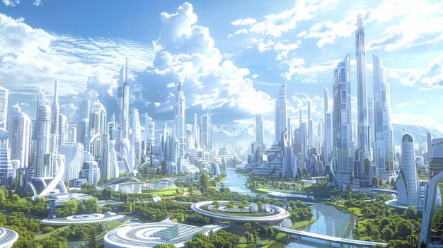 Concept d'écocité du futur Vue d'une ville futuriste avec beaucoup de verdure illustration générée par l'IA