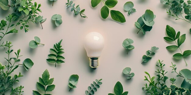 Concept EcoInspiration avec une ampoule lumineuse brillante au milieu des feuilles vertes