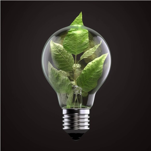 Concept d'écologie avec plante verte à l'intérieur de l'ampoule sur fond noir